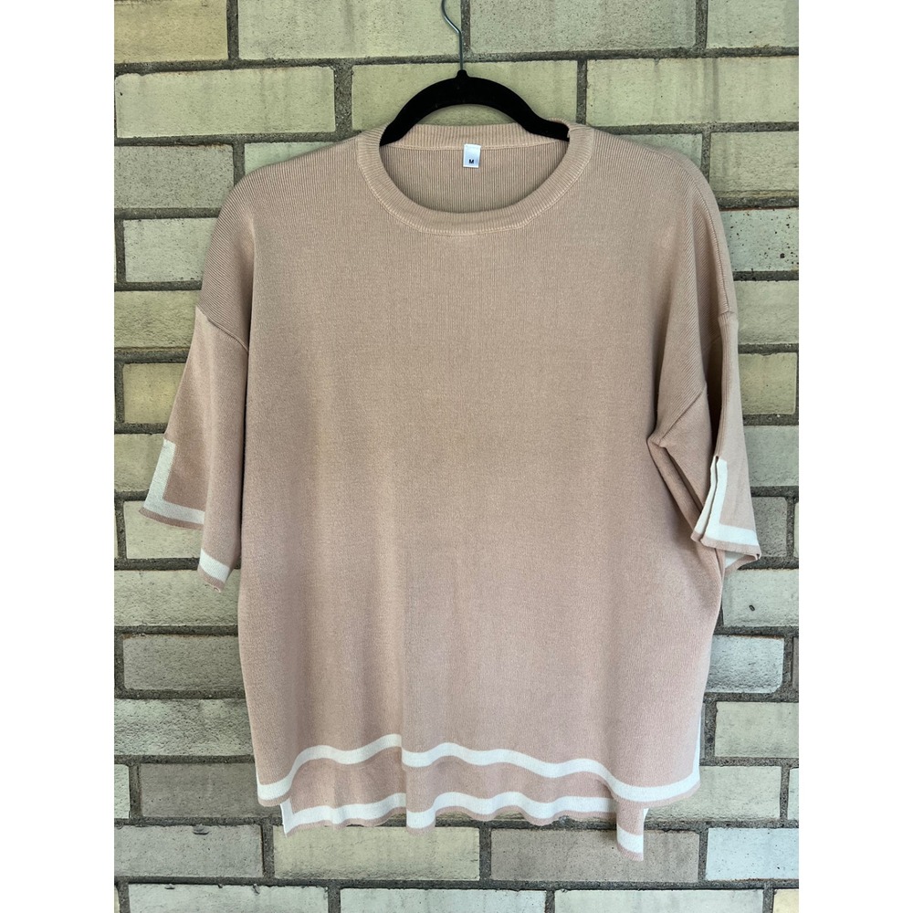 Matching Knit Two Piece Set Top & Wide Leg Crop Pants Tan White Trim Size Medium - Picture 2 of 10